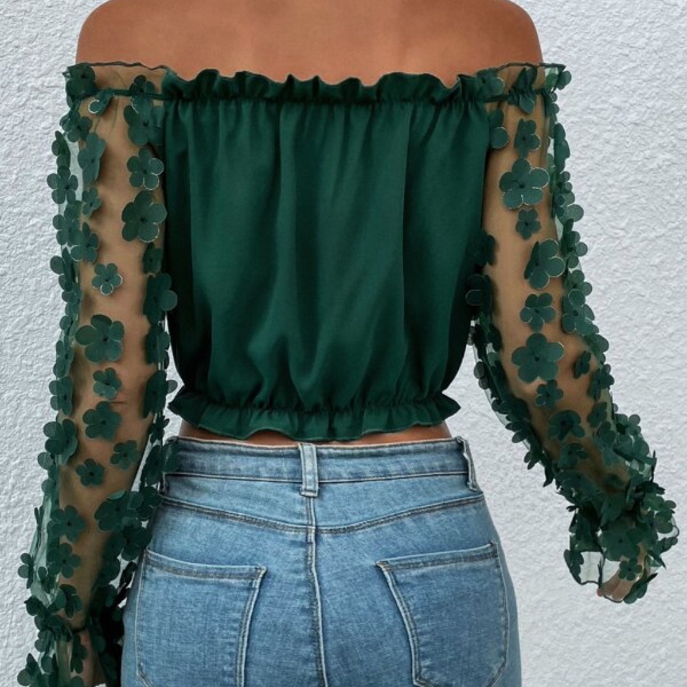 Boho Blush Pink Floral Sheer Sleeve Off Shoulder Top - Picture 6 of 7